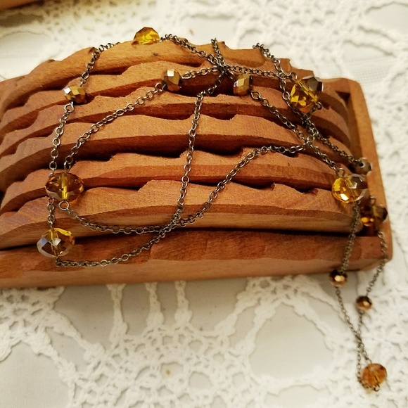 Dainty Long Necklace | Dark Chain Amber-tone Beads - Picture 7 of 8